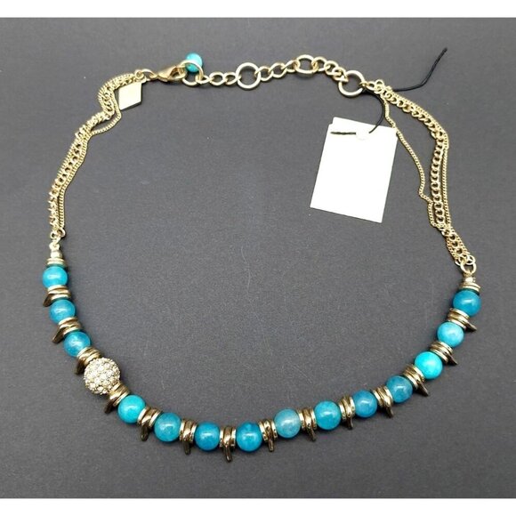NWT Sequin Gold Tone & Blue Bead Collar Necklace Asymmetrical Paved Pendant 18" - Picture 8 of 10